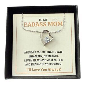 Badass Mom Heart Pendant Necklace Silver Tone Gift Box Mother’s Day